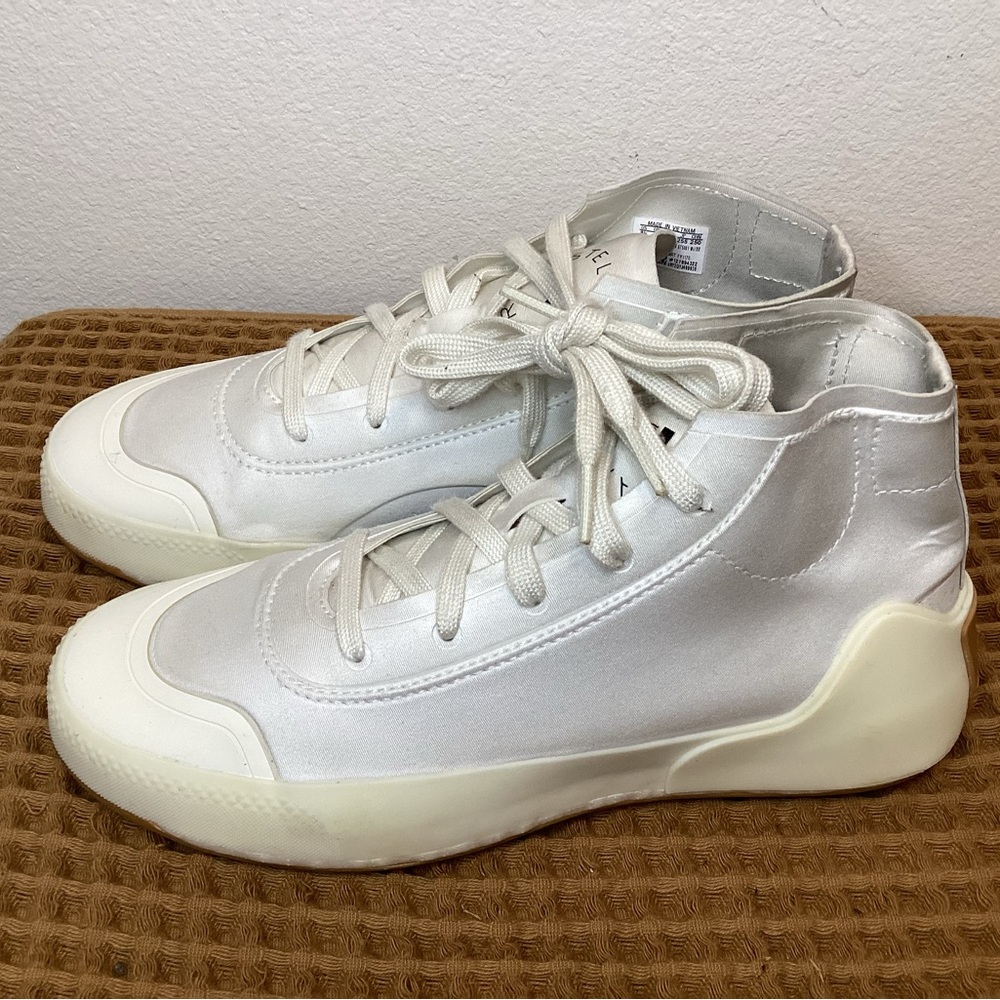 Adidas by Stella McCartney Satin High-Top Sneakers in Off-White/Cream